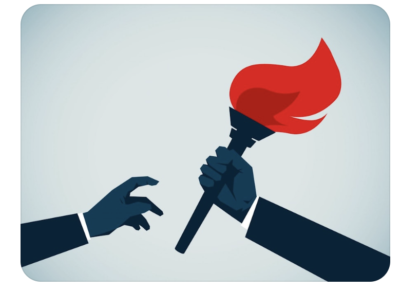 Illustration depicting the handoff of a torch symbolizing the transfer of leadership, representing CEO leadership transition strategies for sales teams.